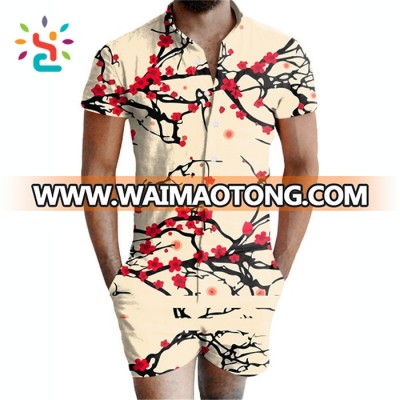 Wholesale men printing romper 3D full printed plum branch mens rompers 100% cotton soft adult clothing Plus Size